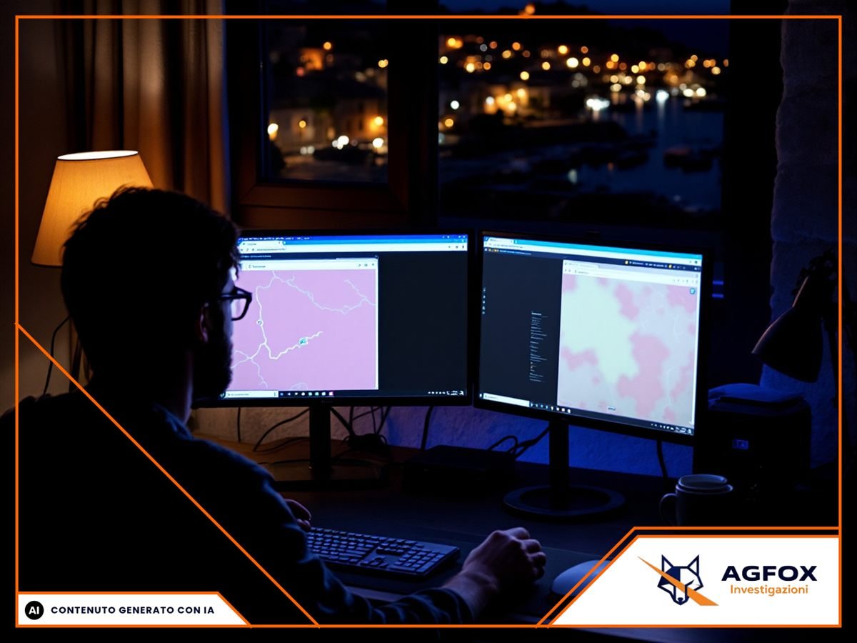 Scrivania di sera con due monitor che mostrano mappe e grafici astratti, finestra sulle luci di una città costiera della provincia BAT