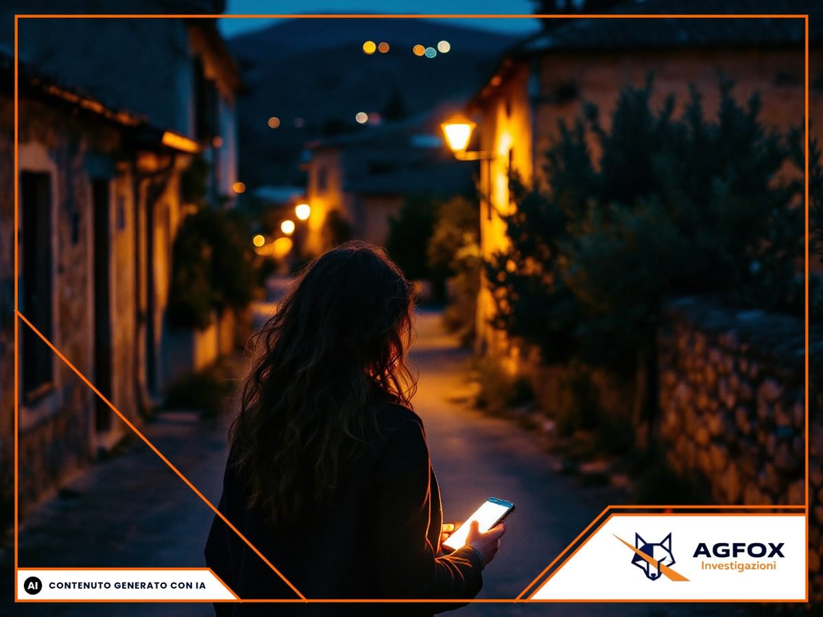 Strada di un centro storico della provincia BAT di notte, con una figura in lontananza in controluce e nessun volto riconoscibile