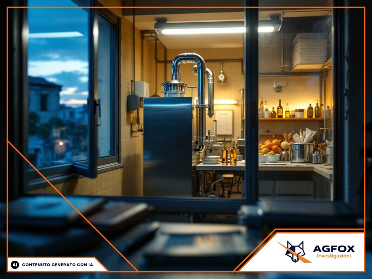 Laboratorio di produzione chiuso di notte in una zona industriale della provincia BAT, con disegni tecnici su un banco